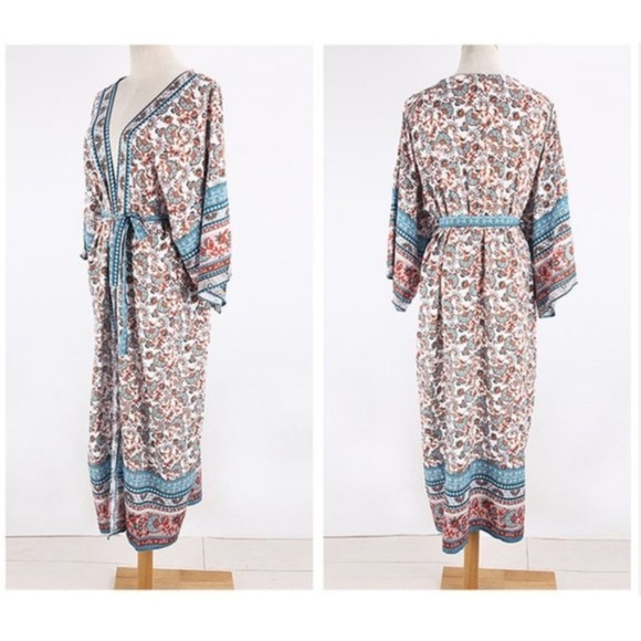 Bohemian gypsy Floral Print Belted Cut out Sleeve Kimono Cover up - Picture 4 of 6